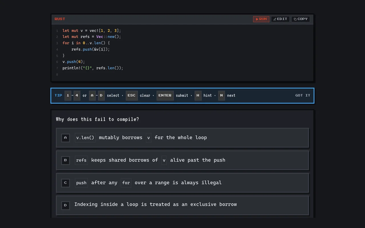 A Cratery borrow checker question with a Rust snippet and four answer choices.